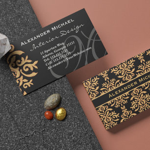 Elegant Monogram Black en Gold Damask Business Ca Visitekaartje