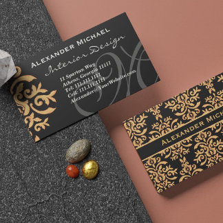 Elegant Monogram Black en Gold Damask Business Ca Visitekaartje