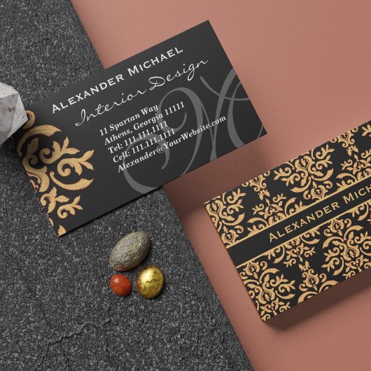 Elegant Monogram Black en Gold Damask Business Ca Visitekaartje