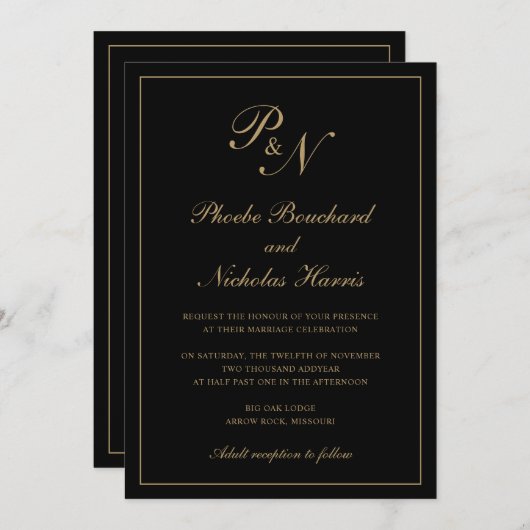 Elegant Monogram Black en Gold in één bruiloft Kaart (Voorkant / Achterkant)