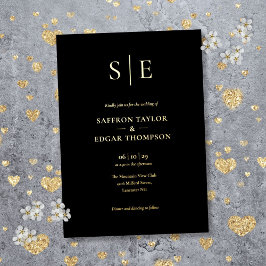 Elegant Monogram Black en Gold Weddenschap Folie Uitnodiging