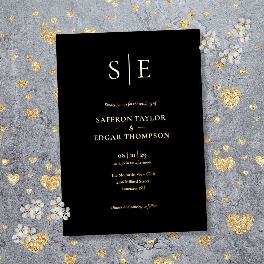 Elegant Monogram Black en Gold Weddenschap Folie Uitnodiging