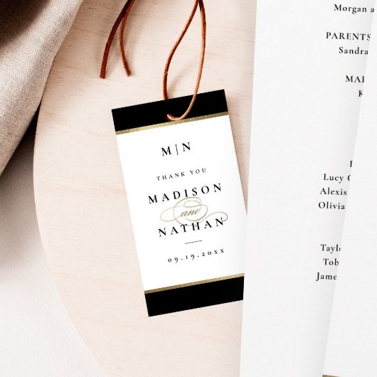Elegant Monogram Black en Gold Wedding Cadeaulabel