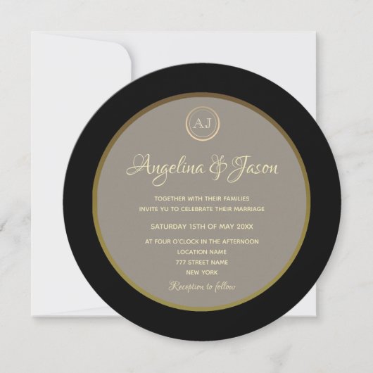 Elegant Monogram Black en Gold Wedding Kaart (Voorkant)