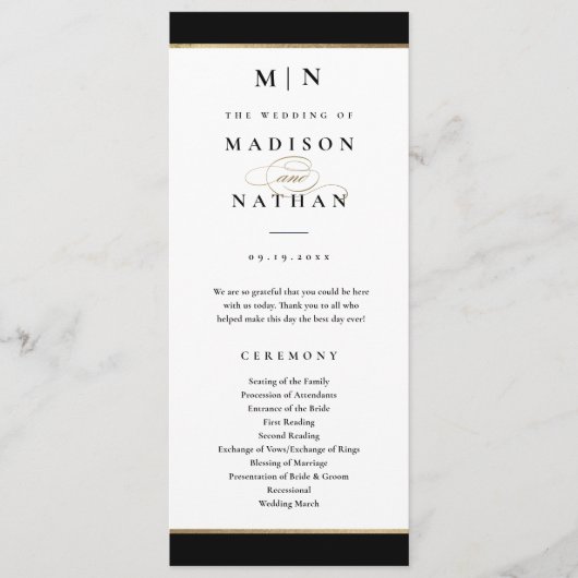 Elegant Monogram Black en Gold Wedding Programmakaart (Voorkant)