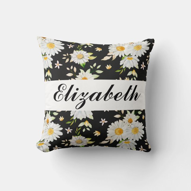 Elegant Monogram Black en White Daisy Pattern Kussen (Voorkant)