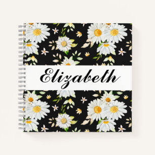 Elegant Monogram Black en White Daisy Pattern Notitieboek