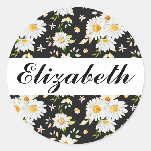 Elegant Monogram Black en White Daisy Pattern Ronde Sticker (Voorkant)