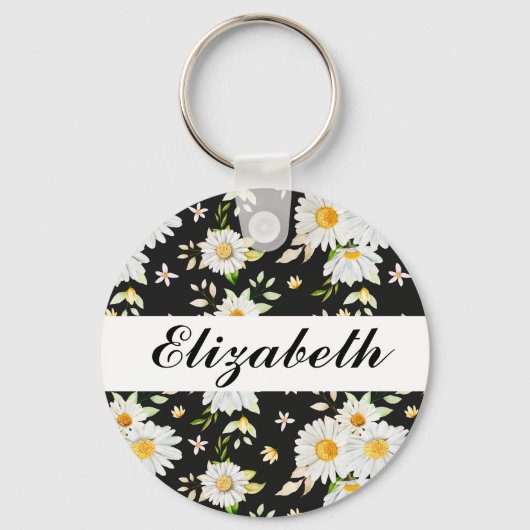 Elegant Monogram Black en White Daisy Pattern Sleutelhanger (Voorkant)