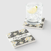 Elegant Monogram Black en White Daisy Pattern Stenen Onderzetter (Zijkant)