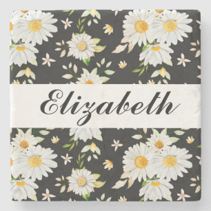Elegant Monogram Black en White Daisy Pattern Stenen Onderzetter