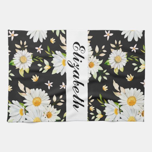 Elegant Monogram Black en White Daisy Pattern Theedoek (Horizontaal)