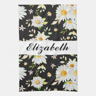 Elegant Monogram Black en White Daisy Pattern Theedoek