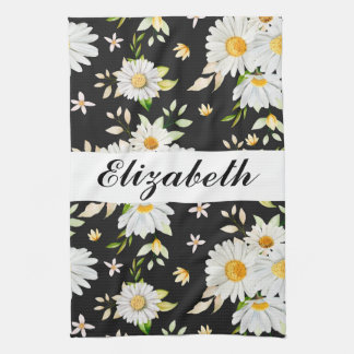 Elegant Monogram Black en White Daisy Pattern Theedoek