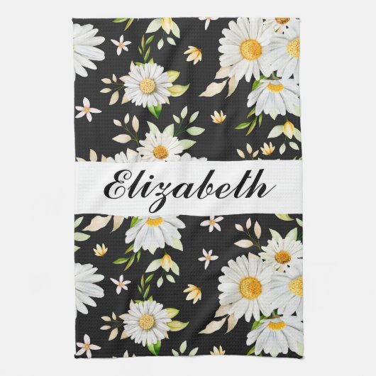 Elegant Monogram Black en White Daisy Pattern Theedoek (Verticaal)