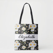 Elegant Monogram Black en White Daisy Pattern Tote Bag (Voorkant)