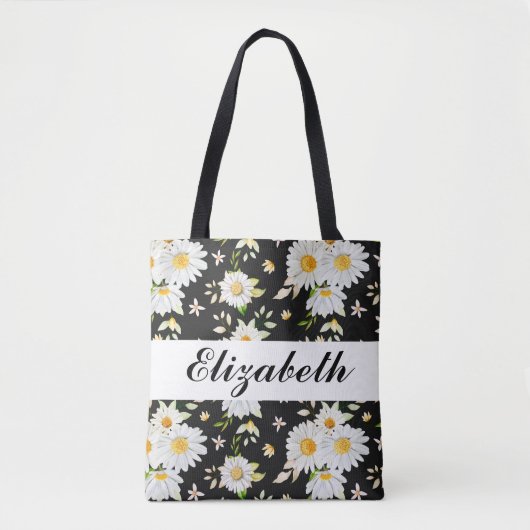 Elegant Monogram Black en White Daisy Pattern Tote Bag (Voorkant)