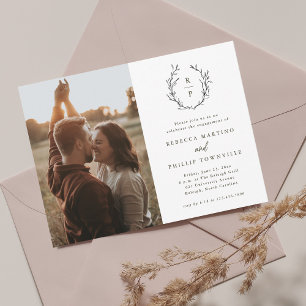 Elegant Monogram Black en White Photo Verloving Kaart