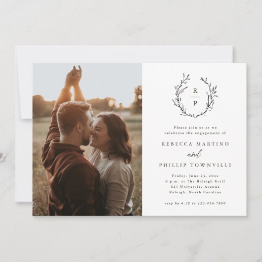 Elegant Monogram Black en White Photo Verloving Kaart (Voorkant)