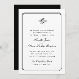 Elegant Monogram Black en White Script Wedding Kaart