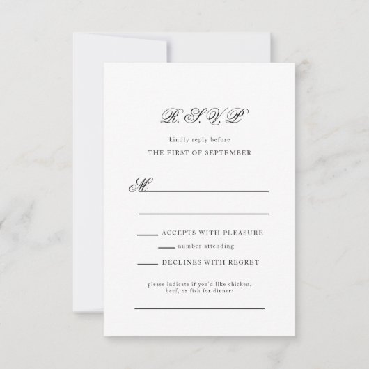 Elegant Monogram Black en White Script Wedding RSVP Kaartje (Voorkant)