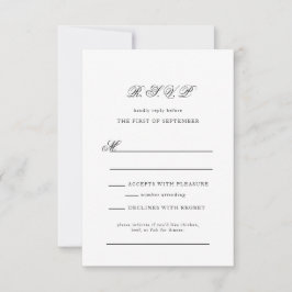 Elegant Monogram Black en White Script Wedding RSVP Kaartje