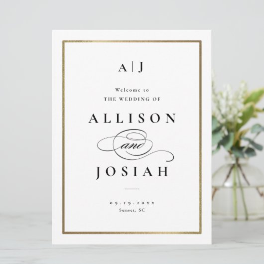 Elegant Monogram Black en White Wedding Welcome Kaart (Staand voorkant)