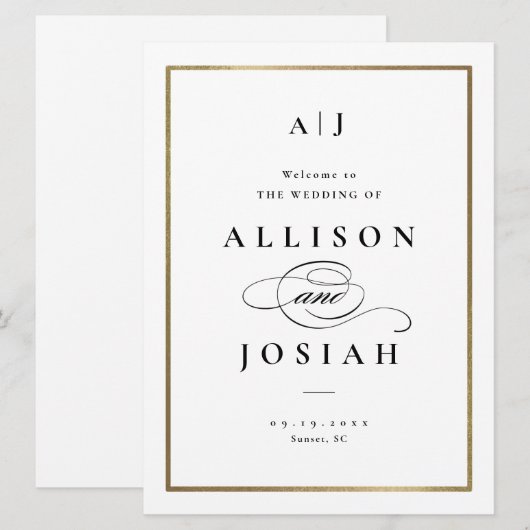 Elegant Monogram Black en White Wedding Welcome Kaart (Voorkant / Achterkant)