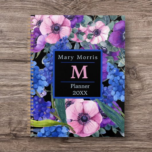 Elegant Monogram Black Floral in Blue Paars Pink Planner