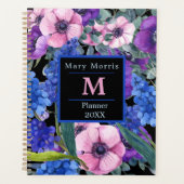 Elegant Monogram Black Floral in Blue Paars Pink Planner (Voorkant)