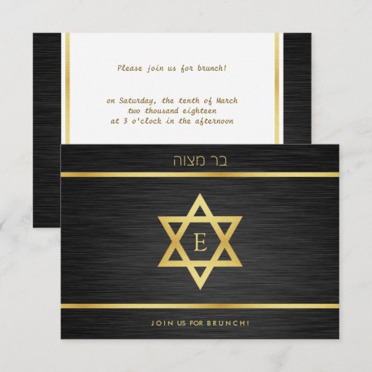 Elegant Monogram Black & Gold Bat mitzvah Brunch Kaart (Voorkant / Achterkant)