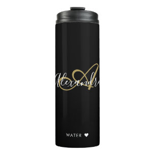 Elegant Monogram Black Gold Chic Script Name Thera Thermosbeker