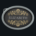 Elegant Monogram Black Gold Gesp<br><div class="desc">Een elegante zwarte en gouden bloeiende riemgesp. Zo chique en stijlvol! Voeg jouw naam toe tussen de gouden bloesem aan de voorkant. Ontworpen voor u door Blackberry Boulevard.</div>