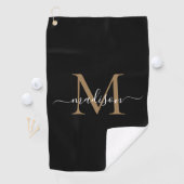 Elegant Monogram Black Gold Girly Script Name Golfhanddoek (Insitu)