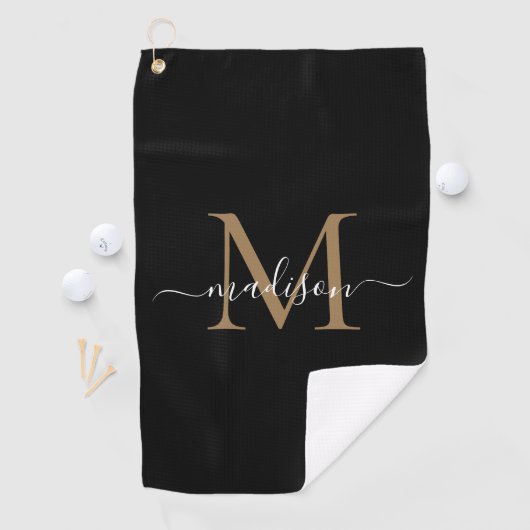 Elegant Monogram Black Gold Girly Script Name Golfhanddoek (Insitu)