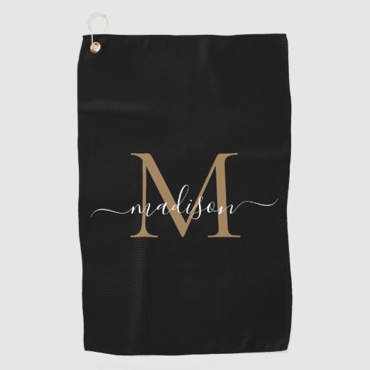 Elegant Monogram Black Gold Girly Script Name Golfhanddoek (Voorkant)