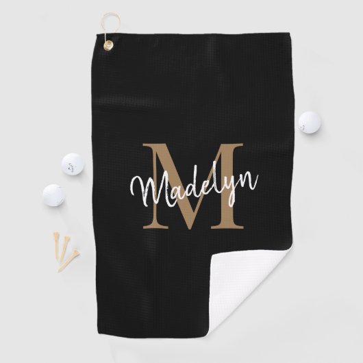 Elegant Monogram Black Gold Girly Script Name Golfhanddoek (Insitu)