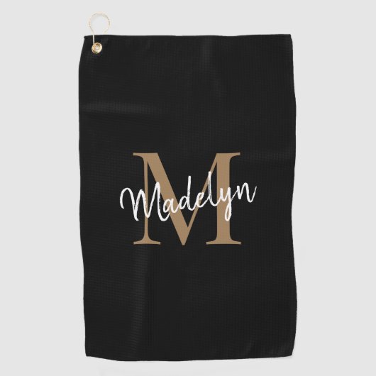 Elegant Monogram Black Gold Girly Script Name Golfhanddoek (Voorkant)