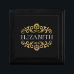 Elegant Monogram Black Gold Kantoor School Cadeaudoosje<br><div class="desc">Een elegante zwart en goud bloeiende geschenkdoos. Voeg jouw naam toe tussen de gouden bloesem aan de voorkant. Ontworpen voor u door Blackberry Boulevard.</div>