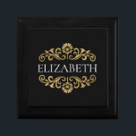 Elegant Monogram Black Gold Kantoor School Cadeaudoosje<br><div class="desc">Een elegante zwart en goud bloeiende geschenkdoos. Voeg jouw naam toe tussen de gouden bloesem aan de voorkant. Ontworpen voor u door Blackberry Boulevard.</div>