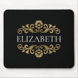 Elegant Monogram Black Gold Kantoor School Muismat<br><div class="desc">Een elegante zwarte en goudkleurige mousepad voor je kantoor of terug naar school. Voeg jouw naam toe tussen de goudbloem aan de voorkant. Ontworpen voor jou door Blackberry Boulevard.</div>