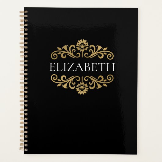 Elegant Monogram Black Gold Kantoor School Planner (Voorkant)