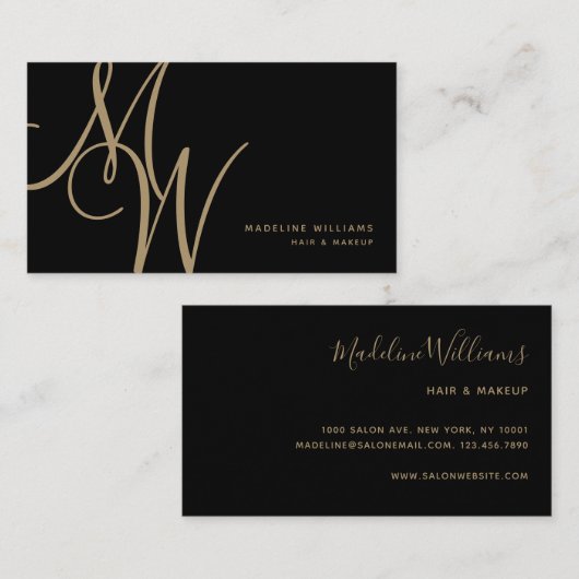 Elegant Monogram Black Gold Modern Script Initiale Visitekaartje (Voorkant / Achterkant)