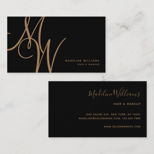 Elegant Monogram Black Gold Modern Script Initiale Visitekaartje (Voorkant / Achterkant)