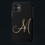 Elegant Monogram Black Gold Name Case-Mate iPhone Case<br><div class="desc">Het gepersonaliseerde telefoongeval die een gouden manuscript initiaal,  en witte manuscriptnaam op zwarte A trending modern minimalistische typografiestijl kenmerkt. Selecteer uw apparatenmodel voor dit ontwerp.</div>