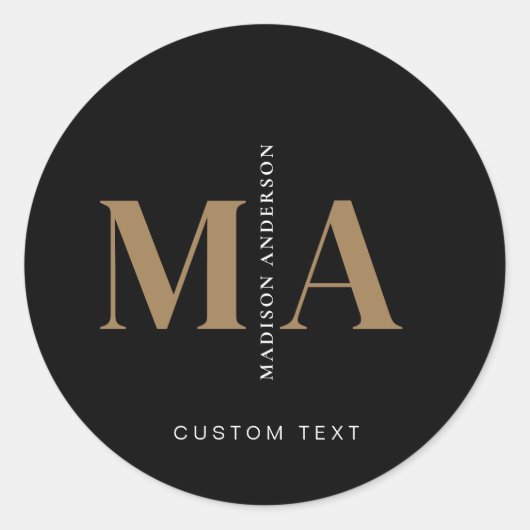 Elegant Monogram Black Gold Name Ronde Sticker (Voorkant)