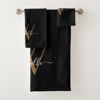 Elegant Monogram Black Gold Name Script Bad Handdoek