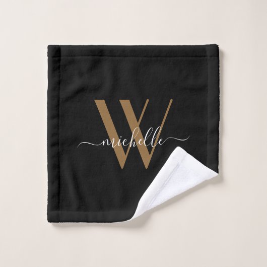 Elegant Monogram Black Gold Name Script Bad Handdoek (Wasdoekje)
