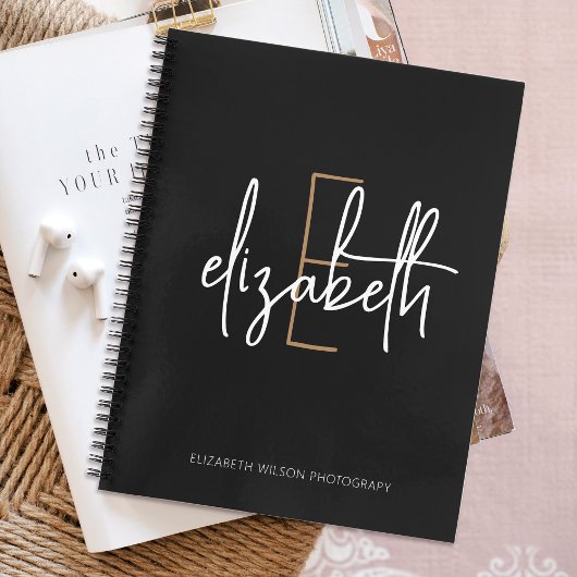 Elegant Monogram Black Gold Script Business School Notitieboek