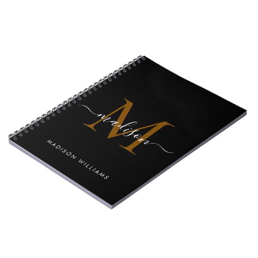 Elegant Monogram Black Gold Script Kantoor School Notitieboek (Linkerzijde)